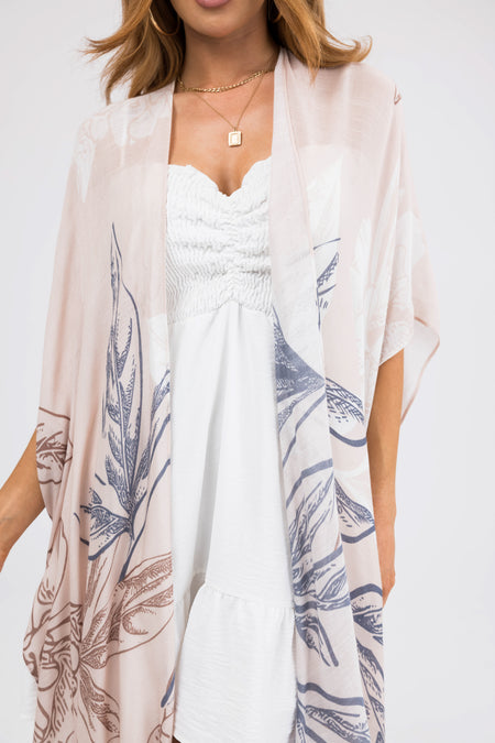 Champagne Floral Print Side Slit Kimono