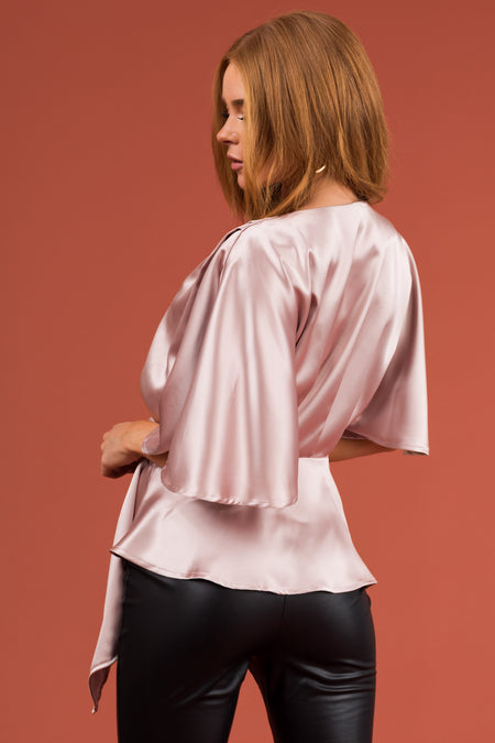 Champagne Flutter Sleeve Wrap Satin Blouse