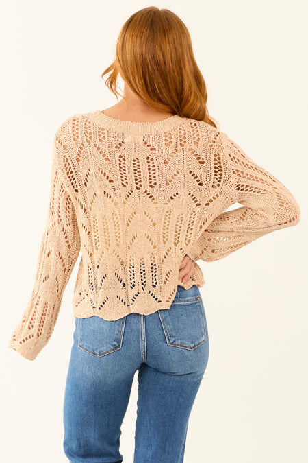 Champagne Long Sleeve Open Crochet Knit Sweater