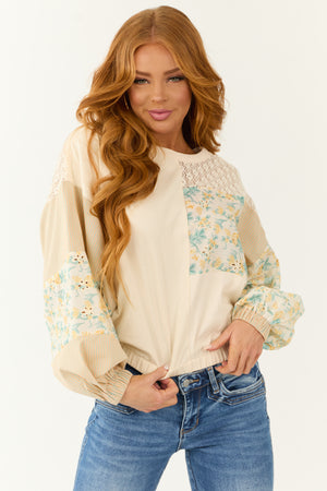 Champagne Mixed Patchwork Balloon Sleeve Top