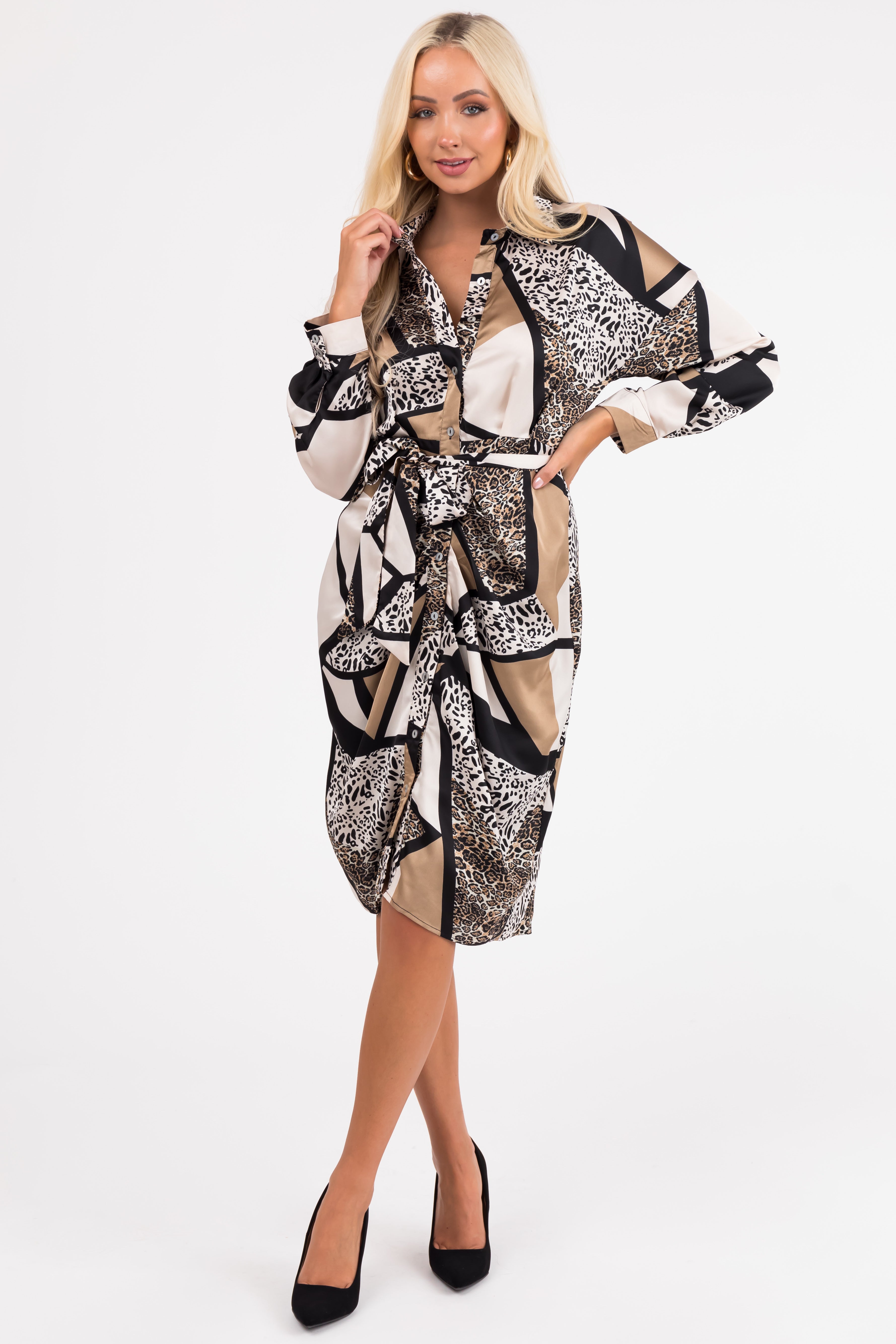 She+Sky Champagne Multiprint Button Down Midi Dress