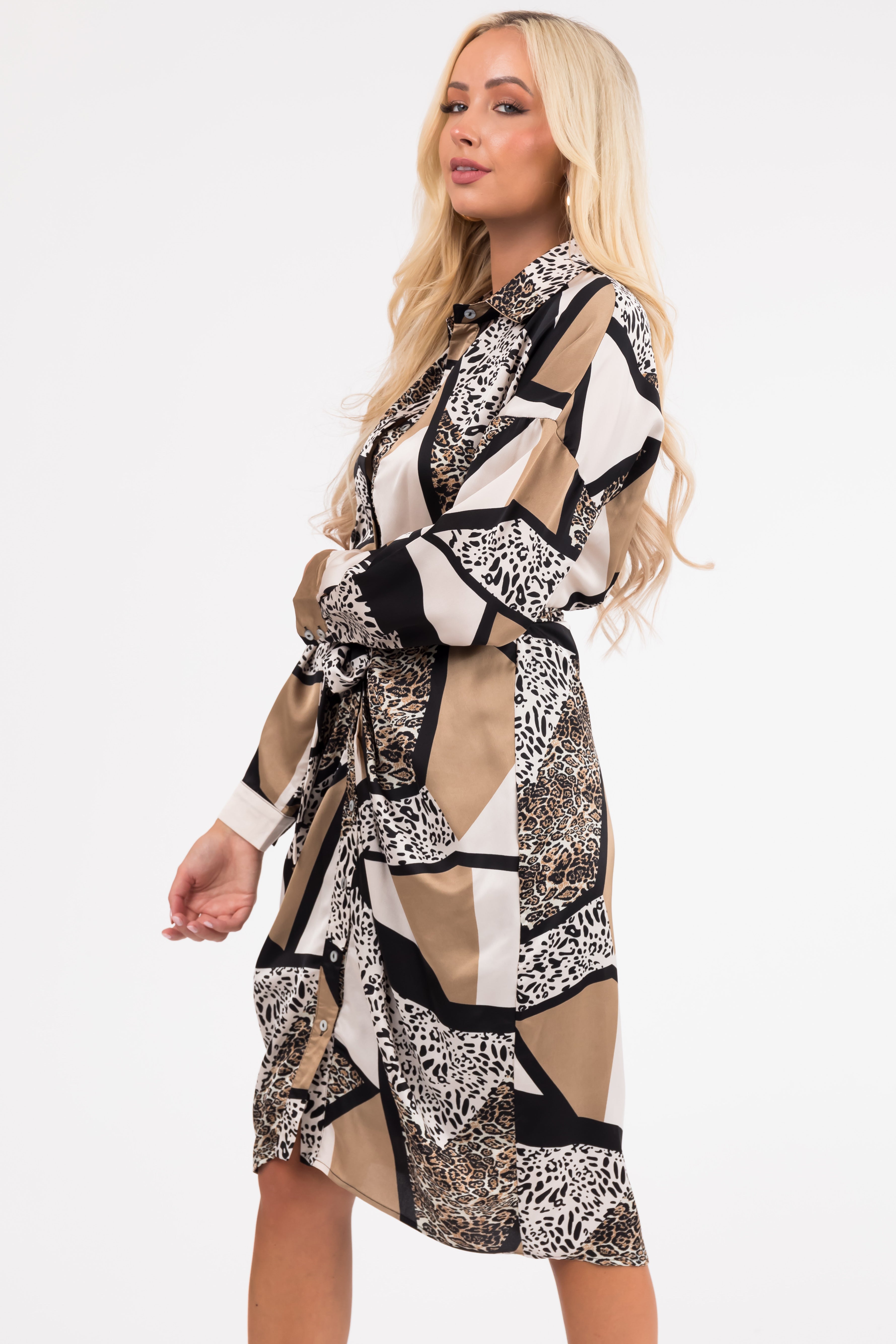 She+Sky Champagne Multiprint Button Down Midi Dress