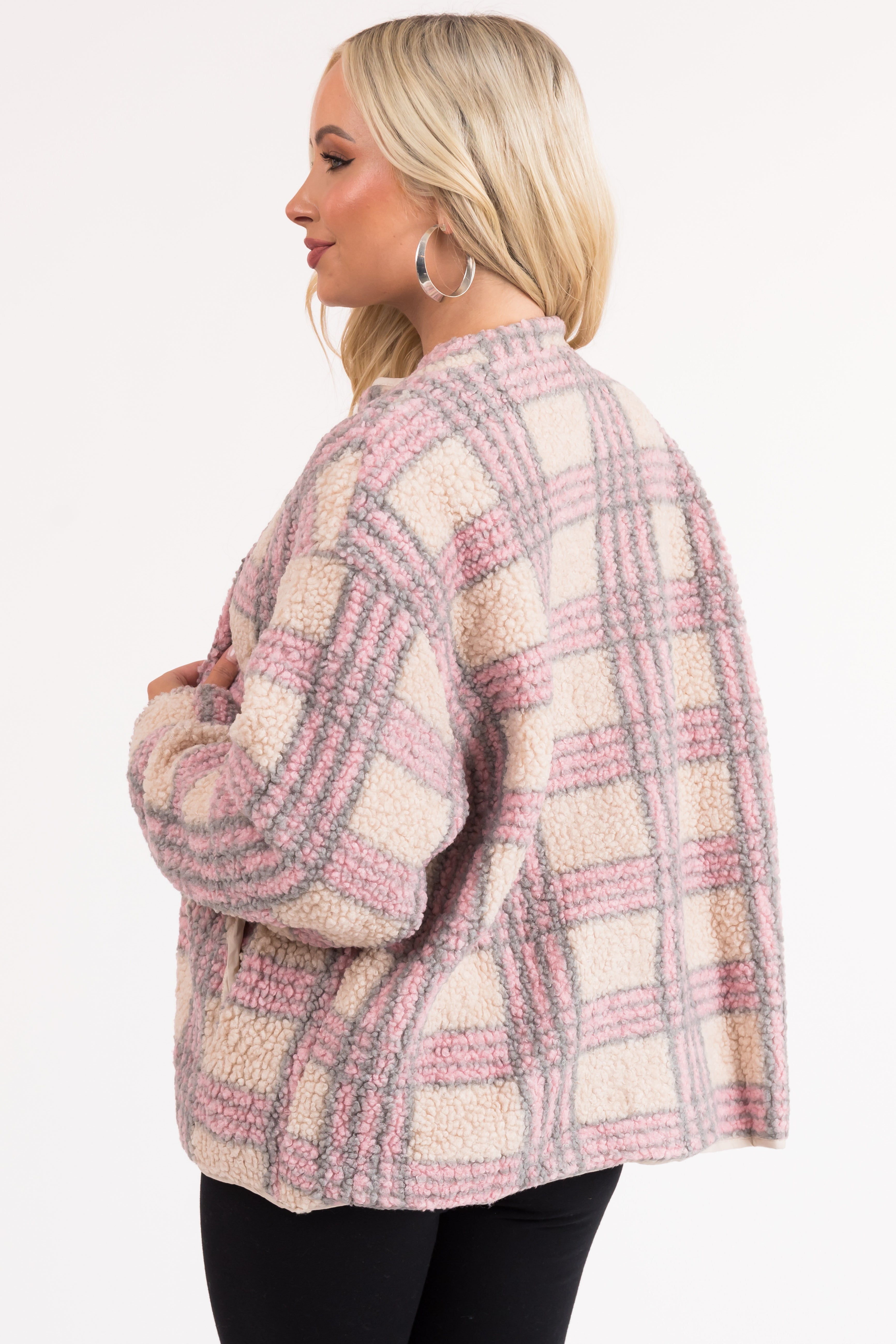 Champagne Plaid Sherpa Zip Up Jacket