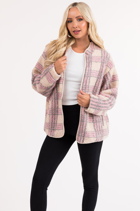 Champagne Plaid Sherpa Zip Up Jacket