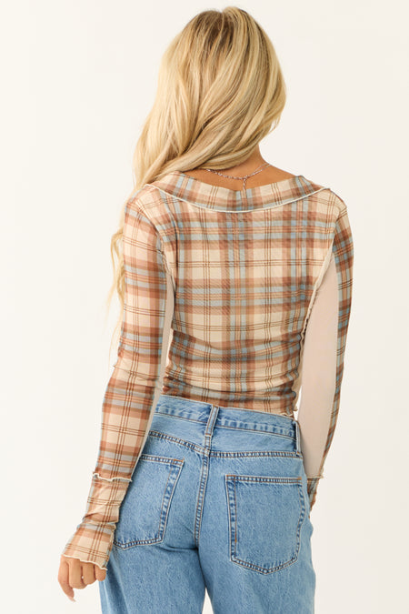 Champagne Plaid with Contrast Long Sleeve Top