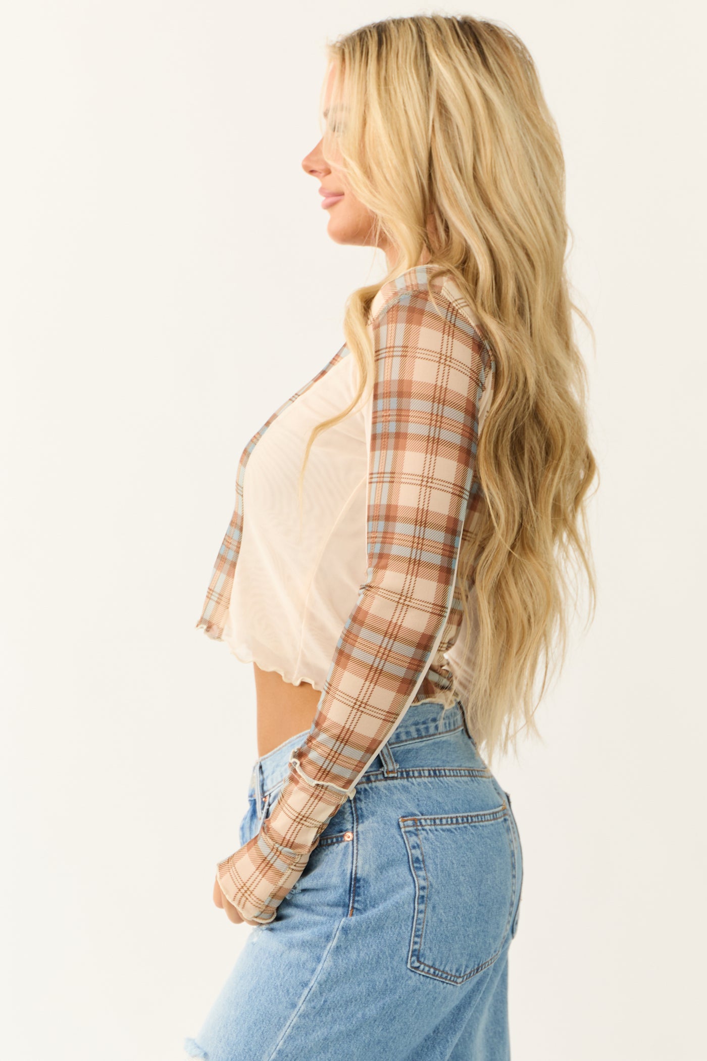 Champagne Plaid with Contrast Long Sleeve Top