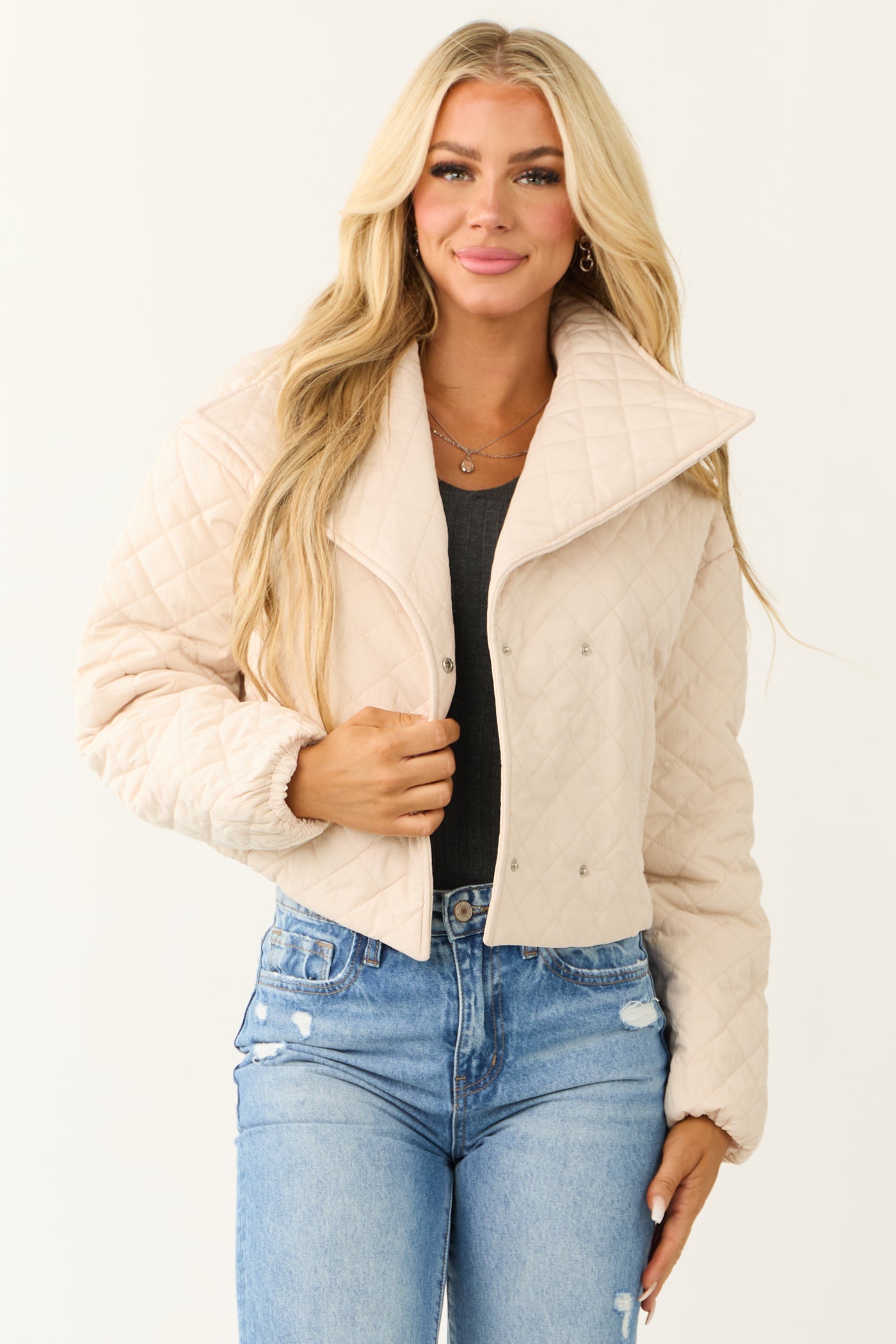 Champagne Quilted Cropped Puffer Jacket