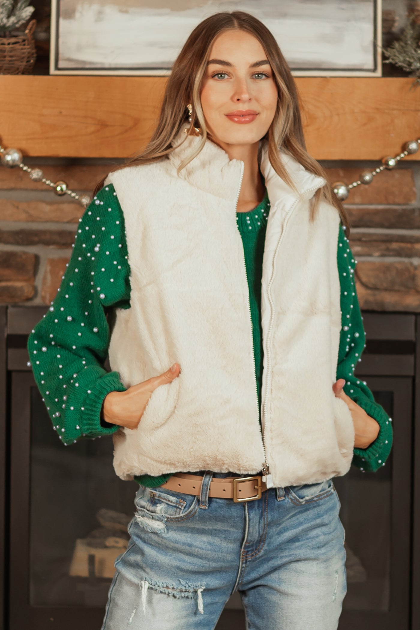 Champagne Reversible Faux Fur Quilted Zip Up Vest