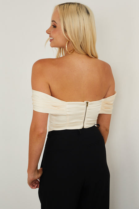 Champagne Ruched Off Shoulder Satin Corset Top