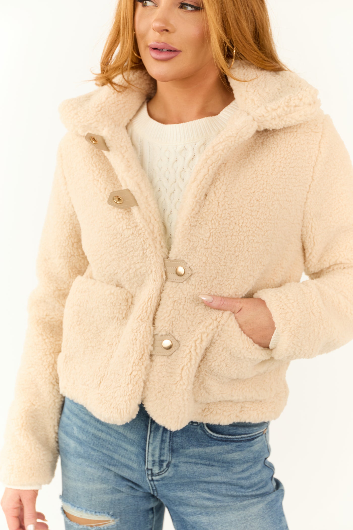 Champagne Sherpa Snap Button Up Jacket