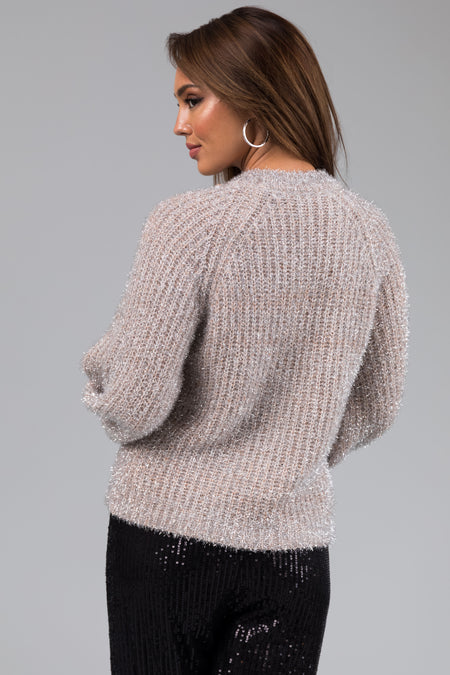 Champagne Silver Tinsel Pearl Neckline Sweater