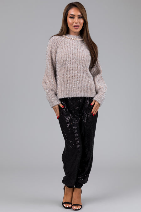 Champagne Silver Tinsel Pearl Neckline Sweater