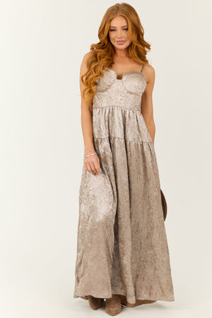 Champagne Textured Metallic Corset Sleeveless Maxi Dress