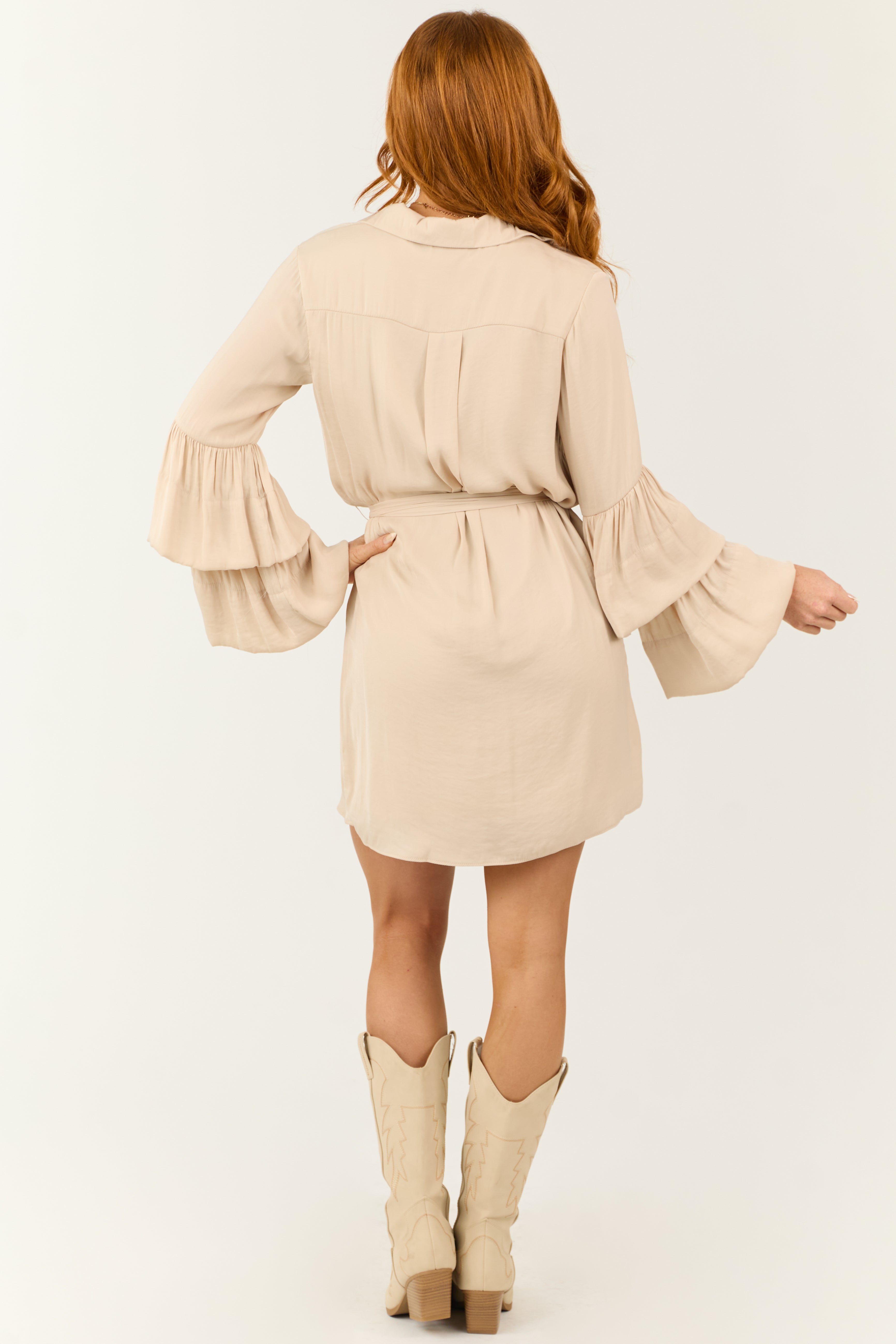 Champagne Tiered Bell Long Sleeve Short Dress