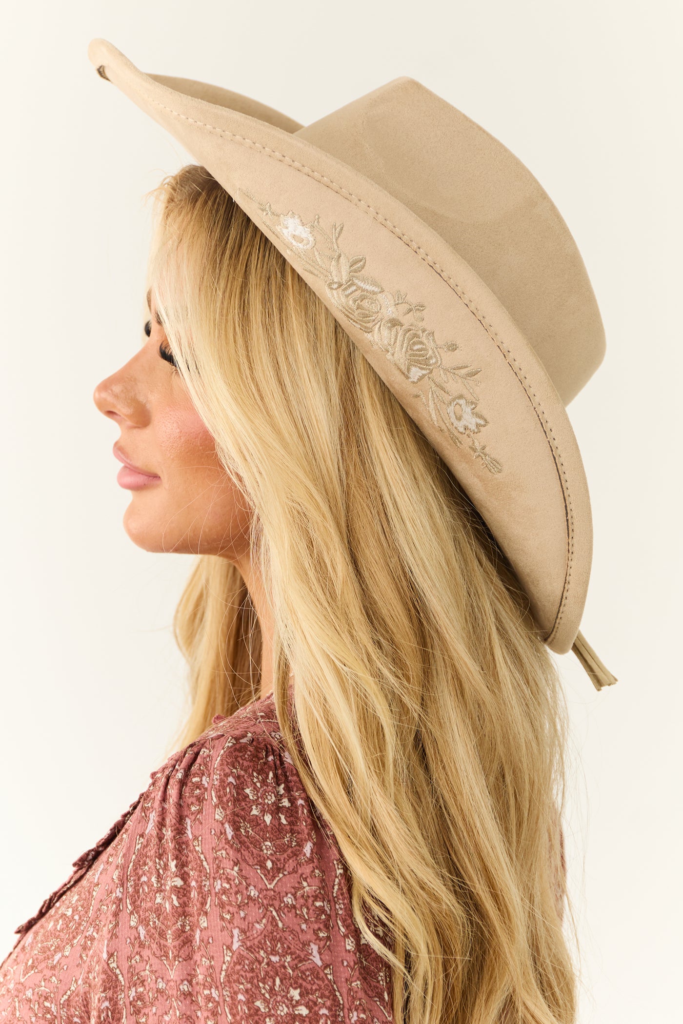 Champagne Braided Band Rose Embroidered Cowboy Hat