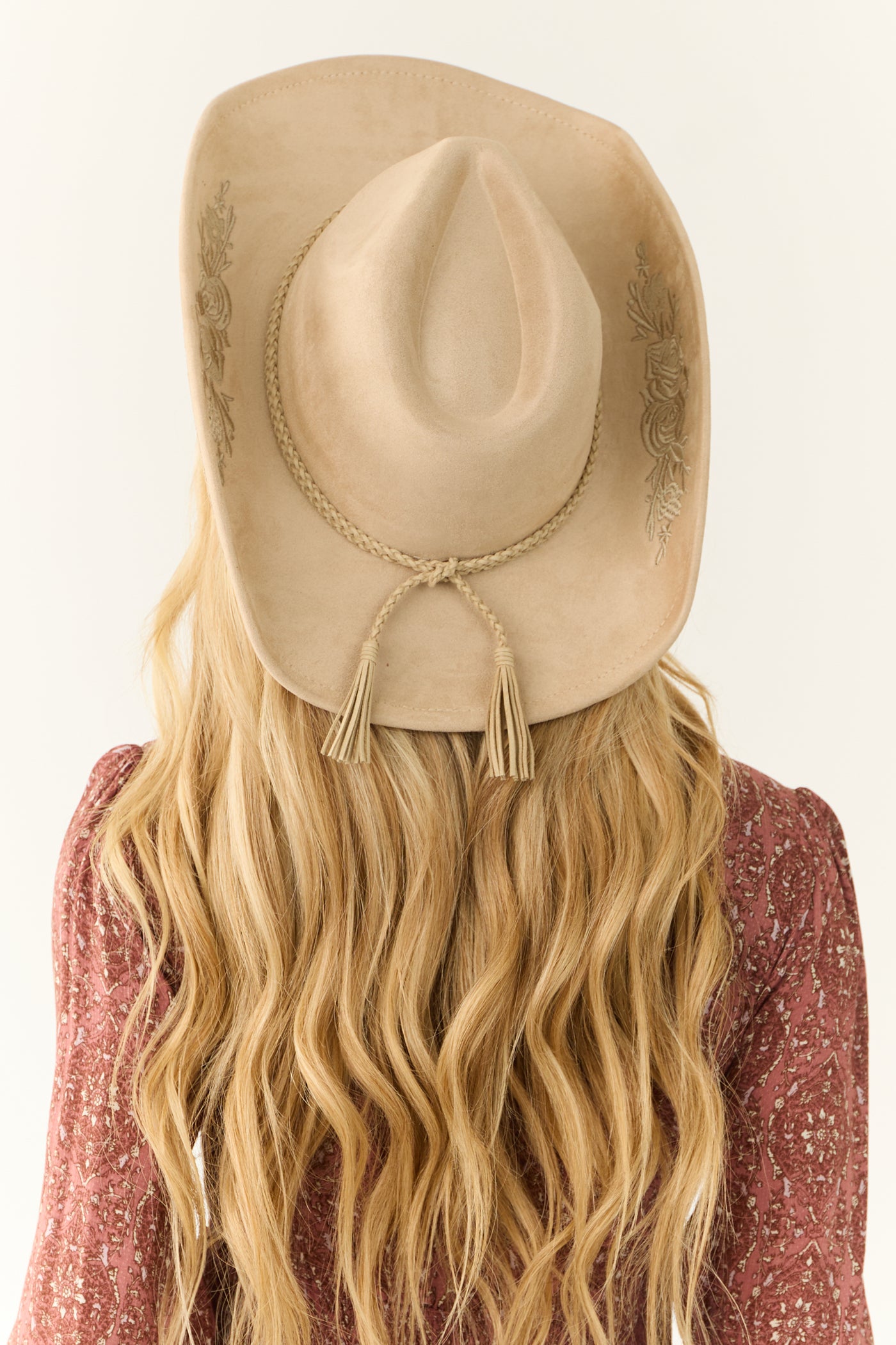 Champagne Braided Band Rose Embroidered Cowboy Hat