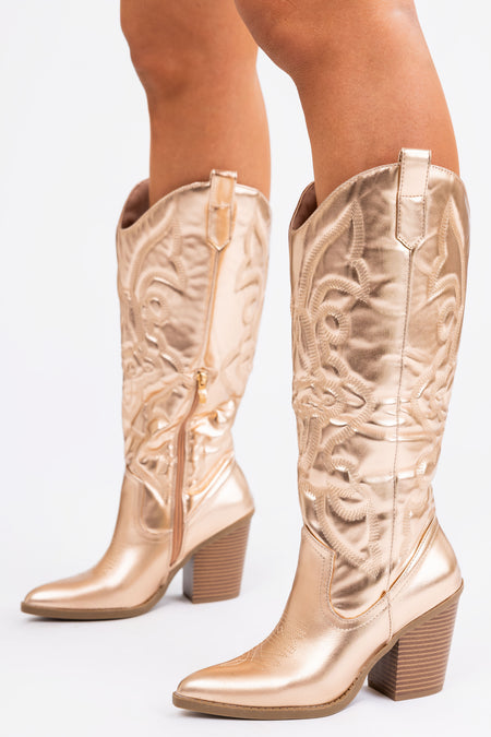 Champagne Faux Leather Metallic Western Boots