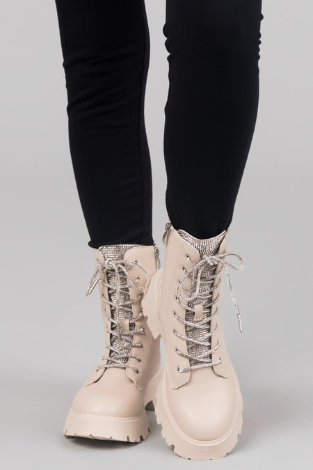 Champagne Faux Leather Rhinestone Combat Boots