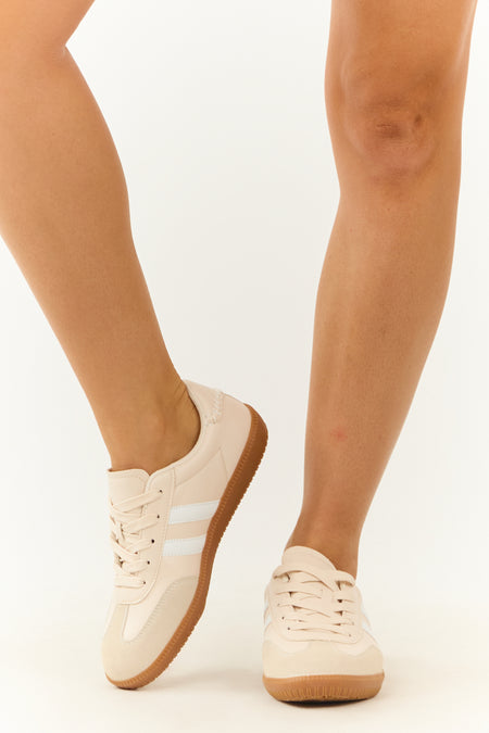 Champagne Faux Leather Stripe Lace Up Sneakers