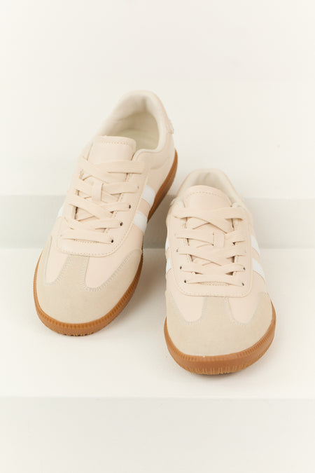 Champagne Faux Leather Stripe Lace Up Sneakers