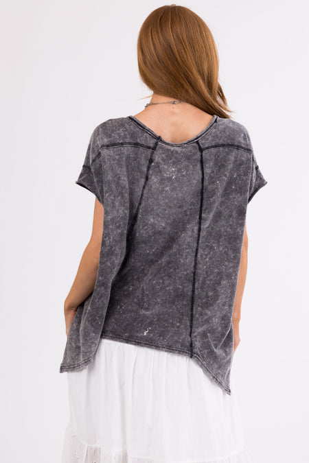 Charcoal Acid Wash Curved Hem Soft Knit Top