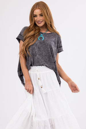 Charcoal Acid Wash Curved Hem Soft Knit Top