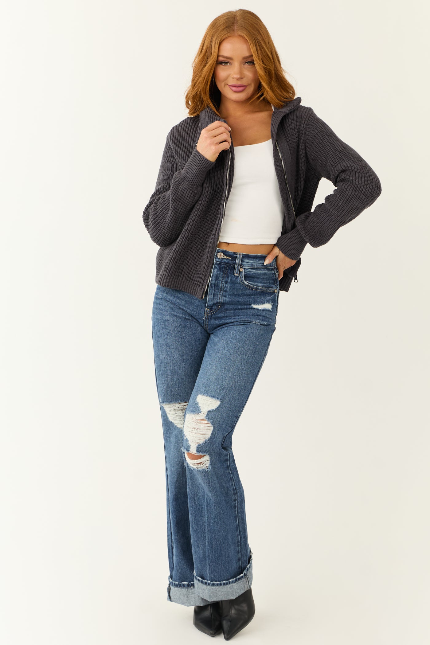 Charcoal Asymmetrical Collar Zip Up Jacket