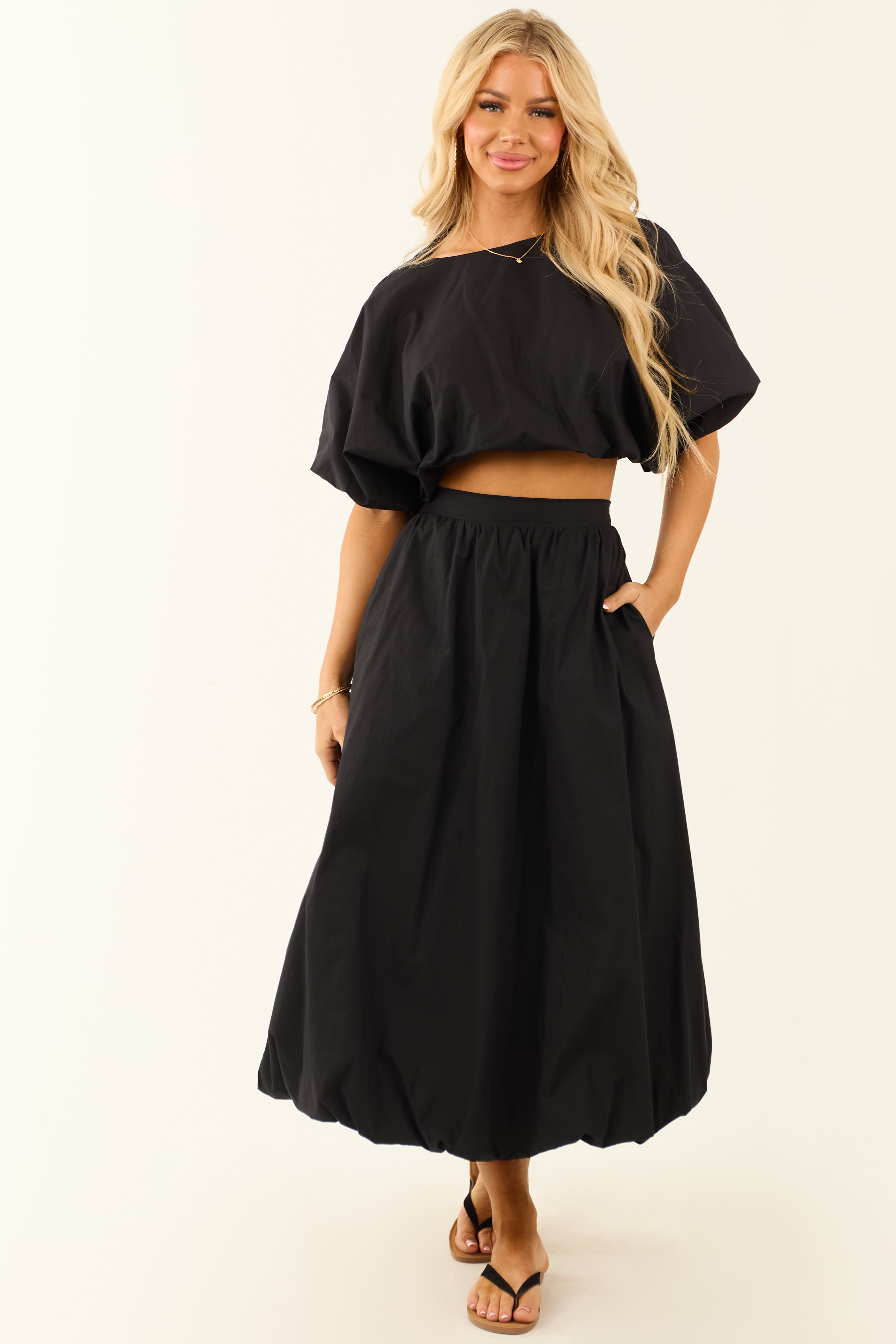 Charcoal Bubble Sleeve and Bubble Hem Skirt Set