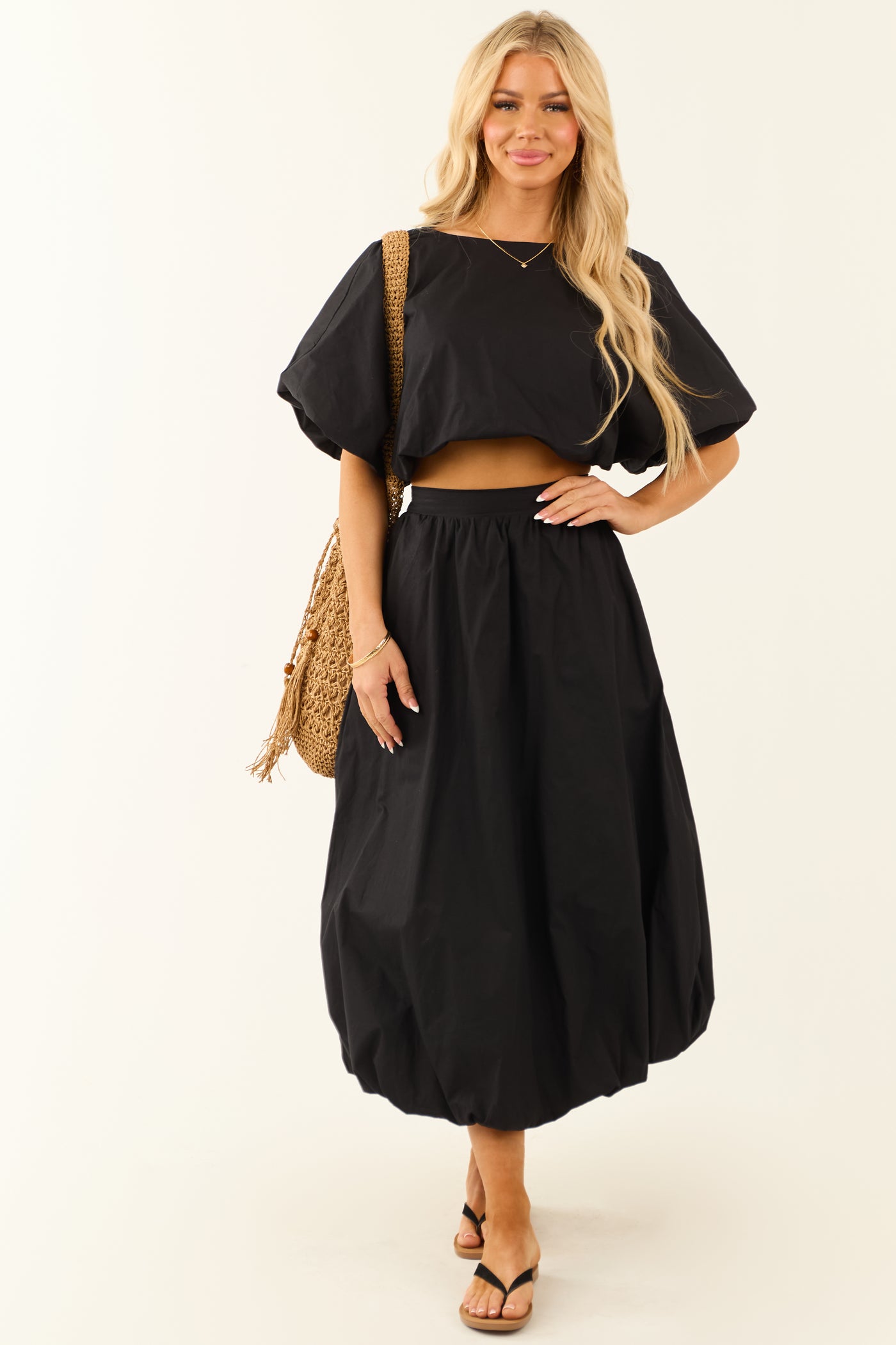 Charcoal Bubble Sleeve and Bubble Hem Skirt Set