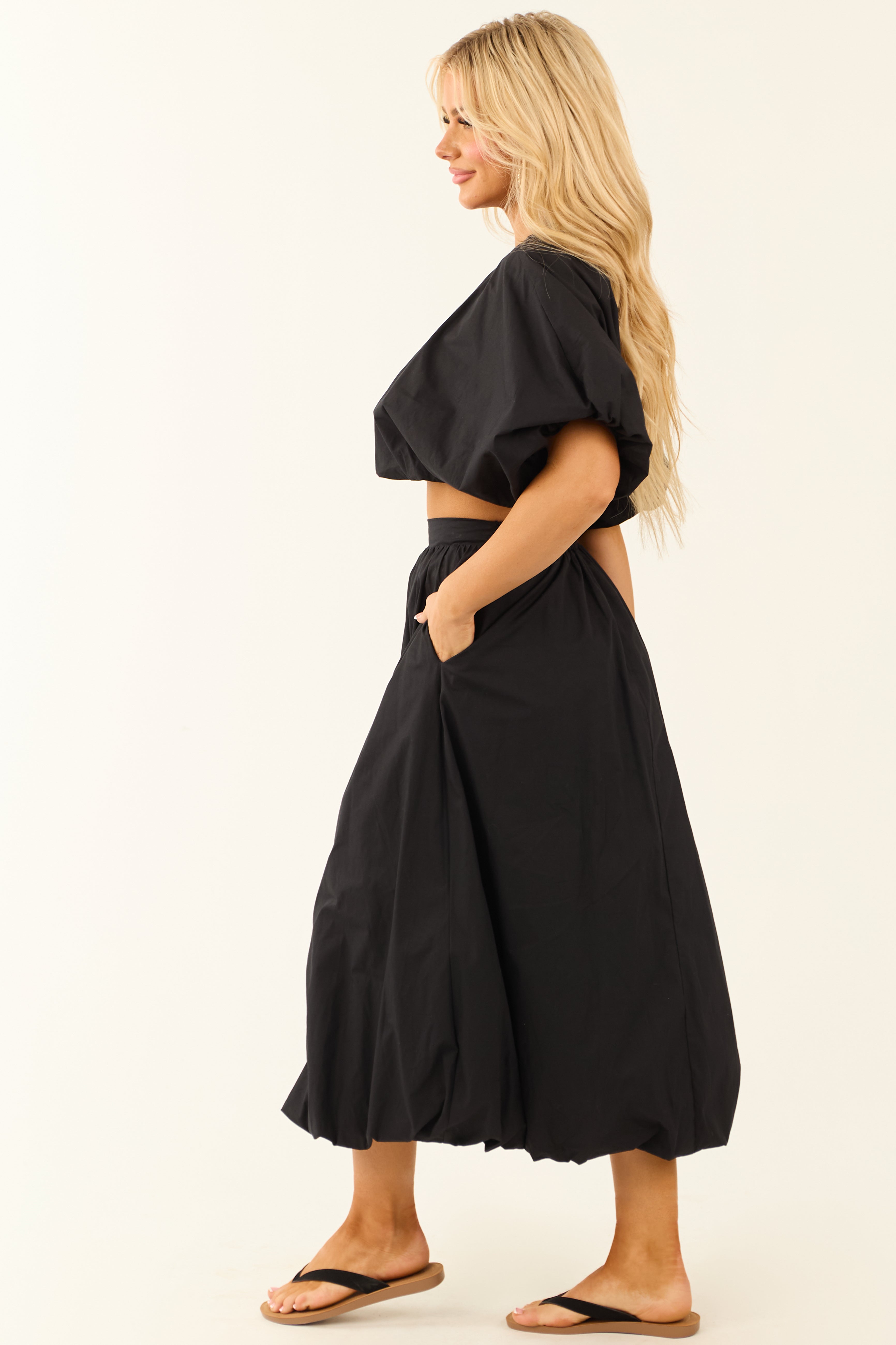 Charcoal Bubble Sleeve and Bubble Hem Skirt Set