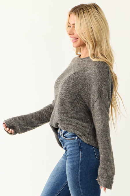 Charcoal Chest Pocket Cuffed Sleeve Sweater