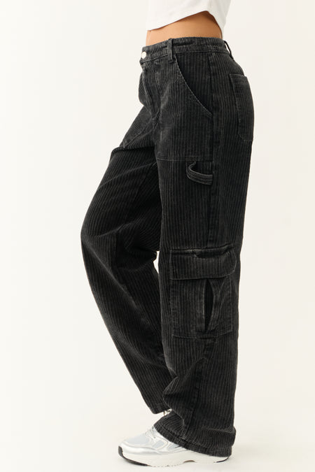 Charcoal Corduroy Wide Leg Cargo Pants