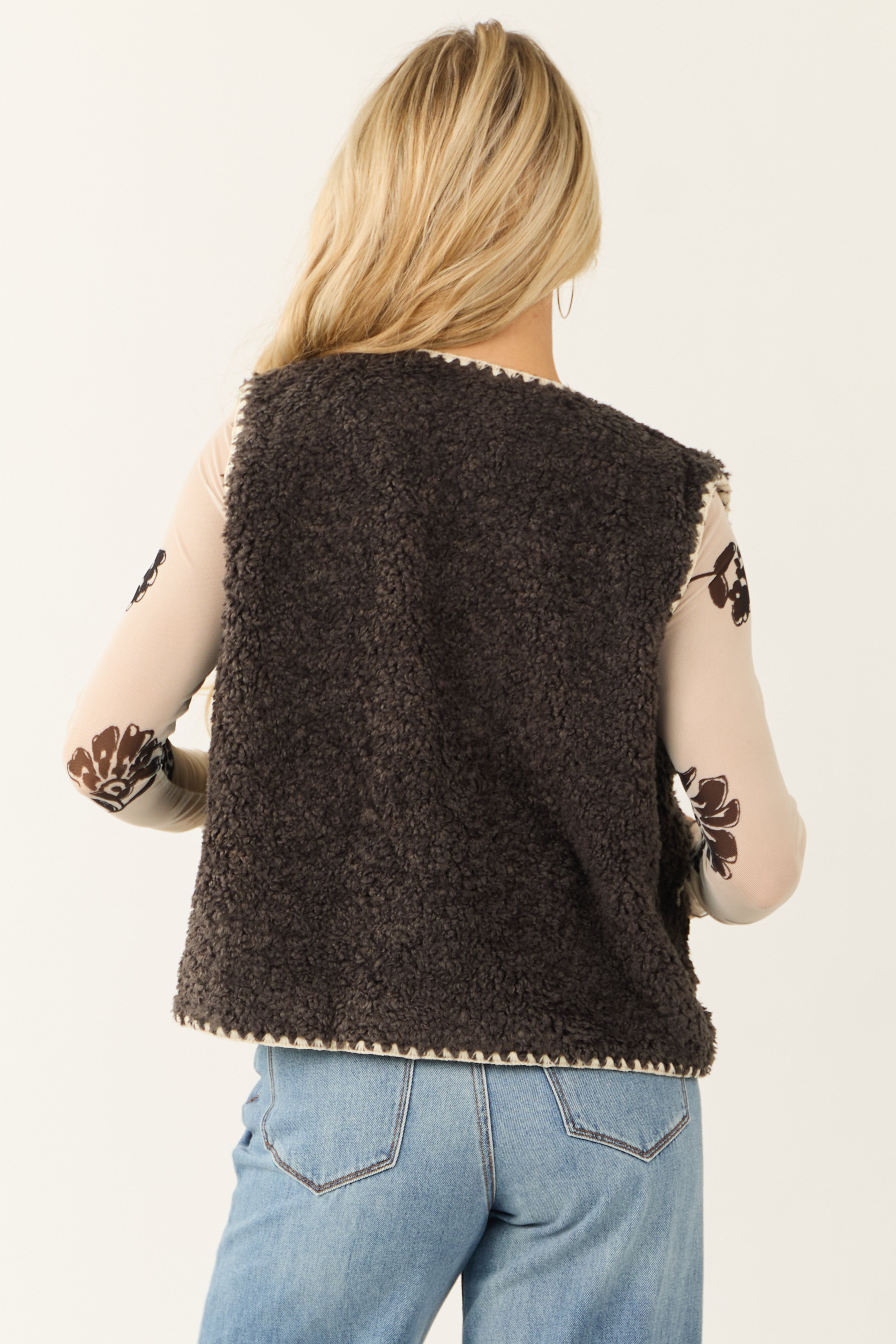 Charcoal Faux Fur Contrast Stitch Trim Vest