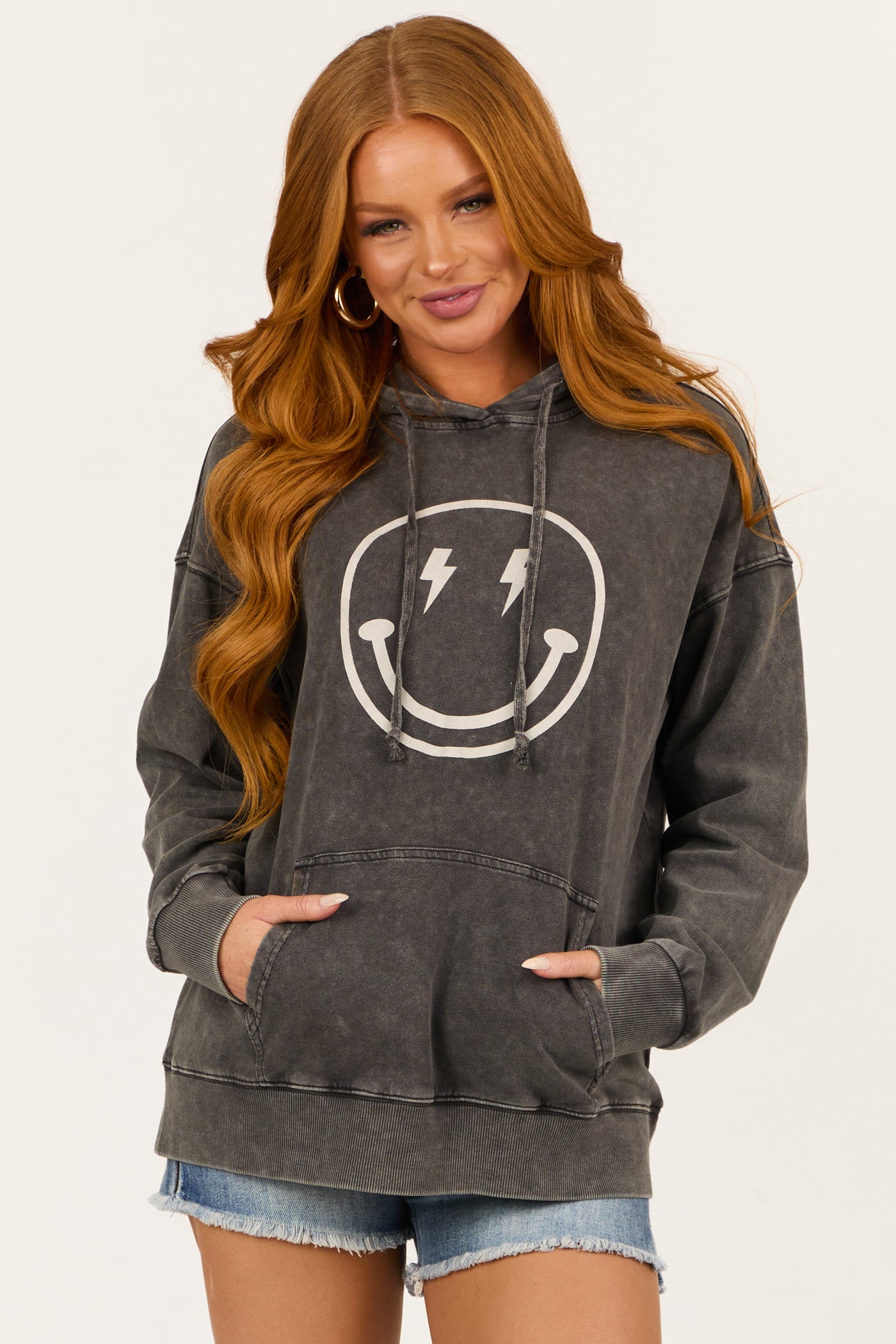 Charcoal Happy Face Mineral Wash Drawstring Hoodie