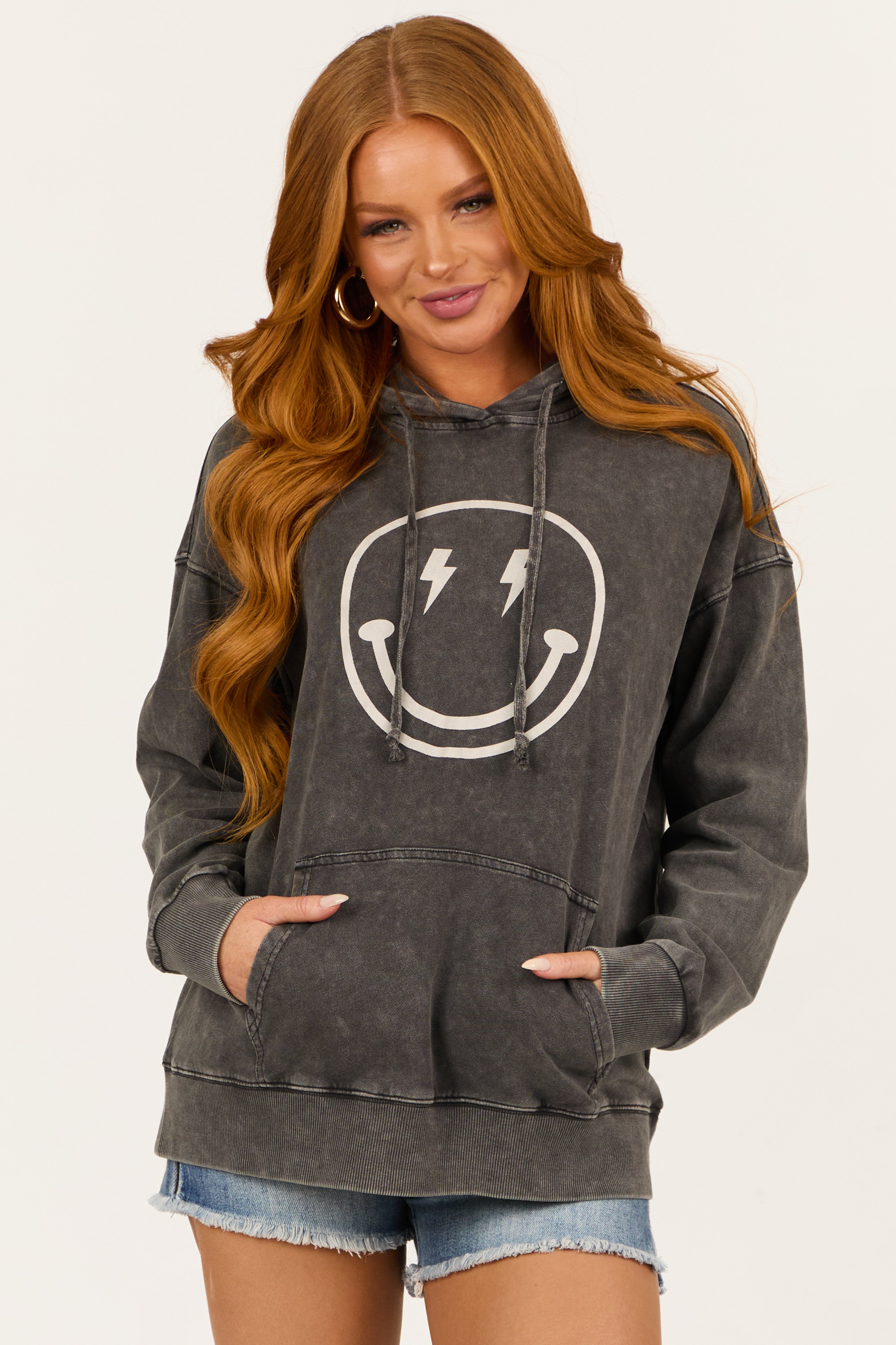 Charcoal Happy Face Mineral Wash Drawstring Hoodie