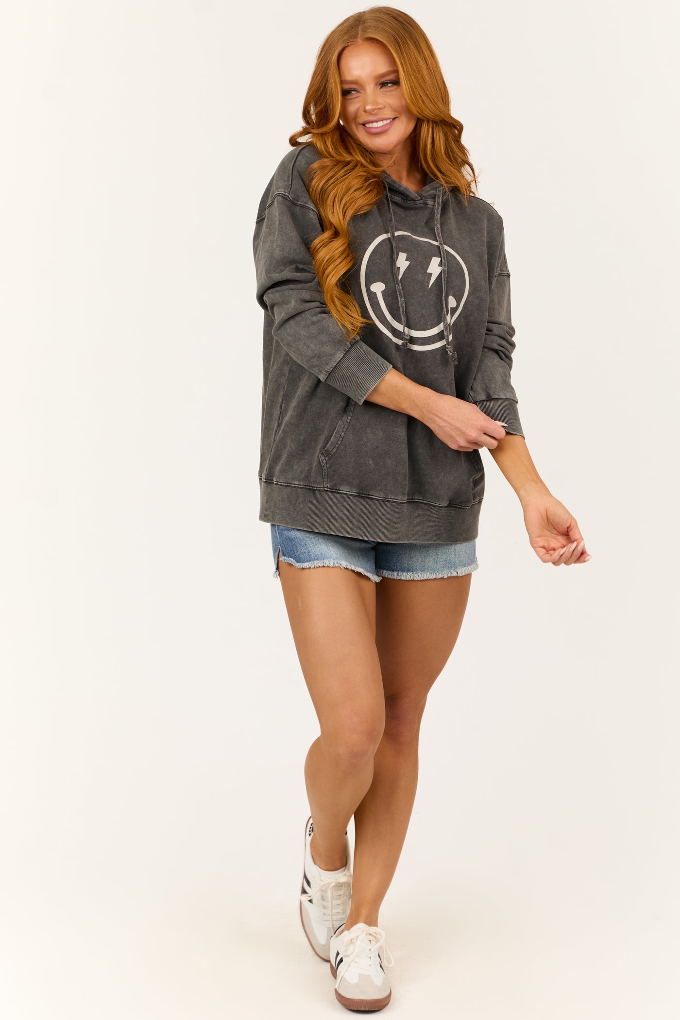 Charcoal Happy Face Mineral Wash Drawstring Hoodie