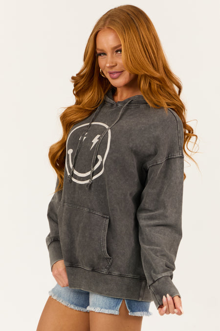 Charcoal Happy Face Mineral Wash Drawstring Hoodie