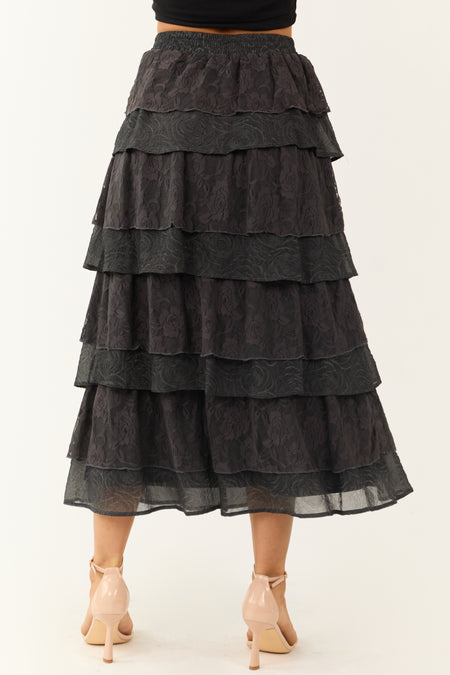 Charcoal Lace Ruffle Tiered Maxi Skirt