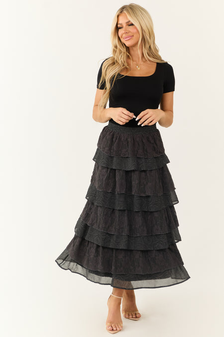 Charcoal Lace Ruffle Tiered Maxi Skirt