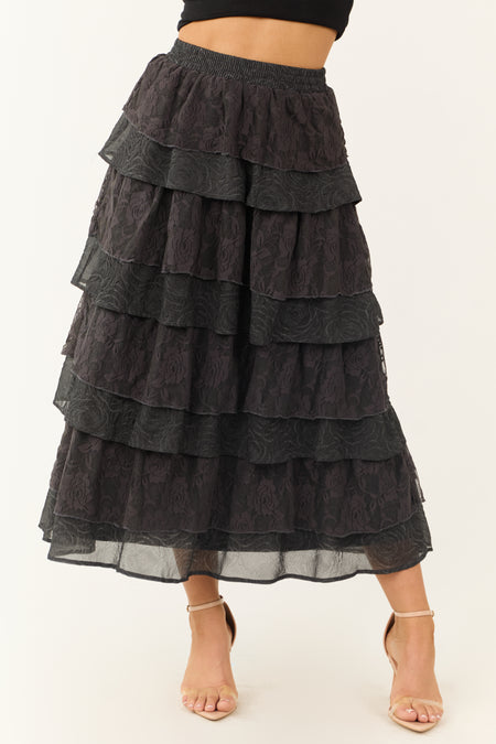 Charcoal Lace Ruffle Tiered Maxi Skirt