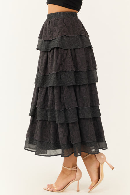 Charcoal Lace Ruffle Tiered Maxi Skirt