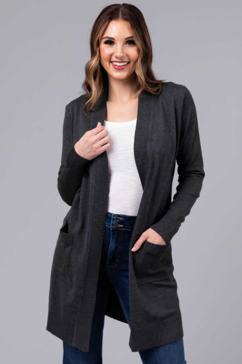 Charcoal Mid Length Lightweight Open Cardigan