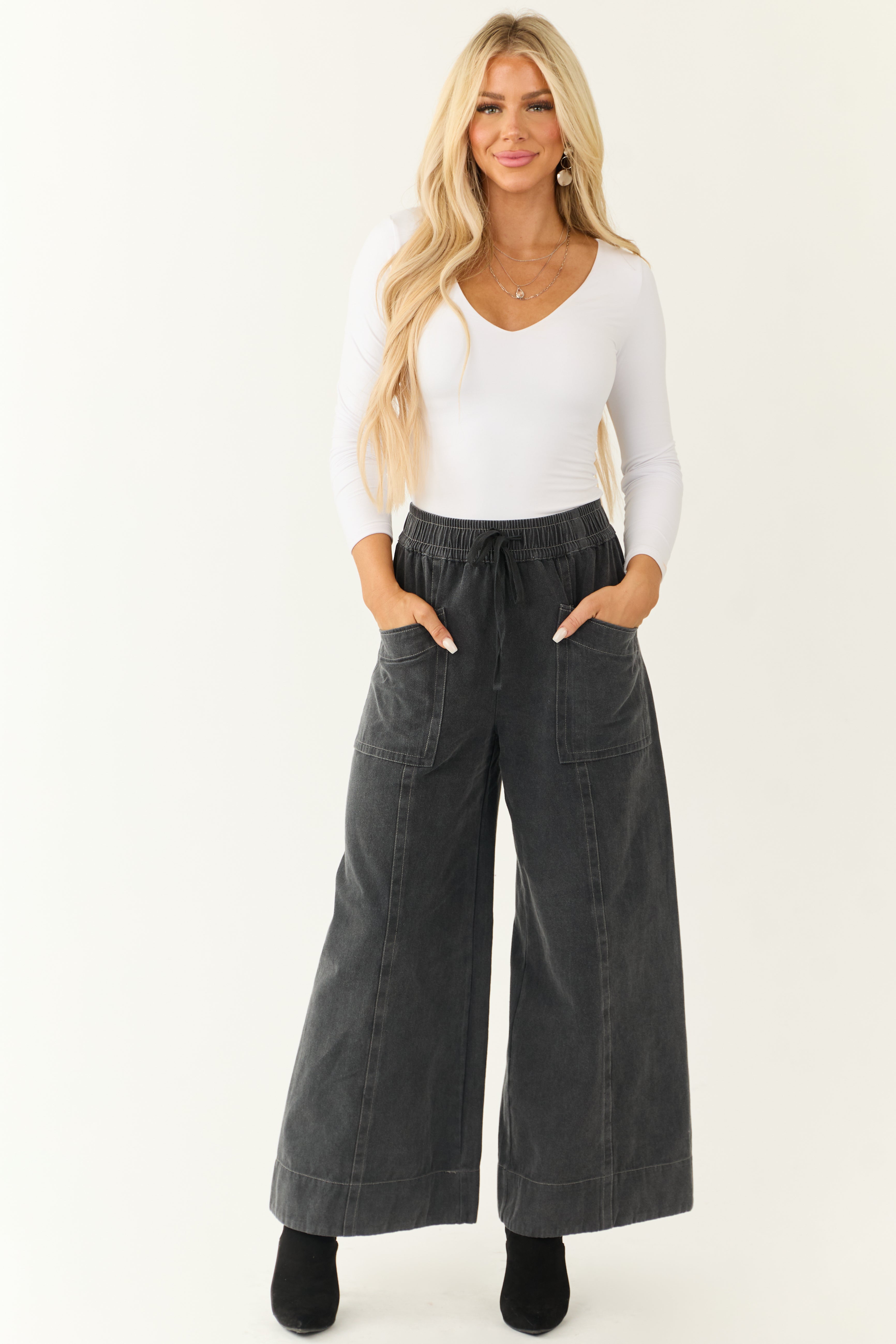 Charcoal Mineral Wash Elastic Waist Wide Leg Pants