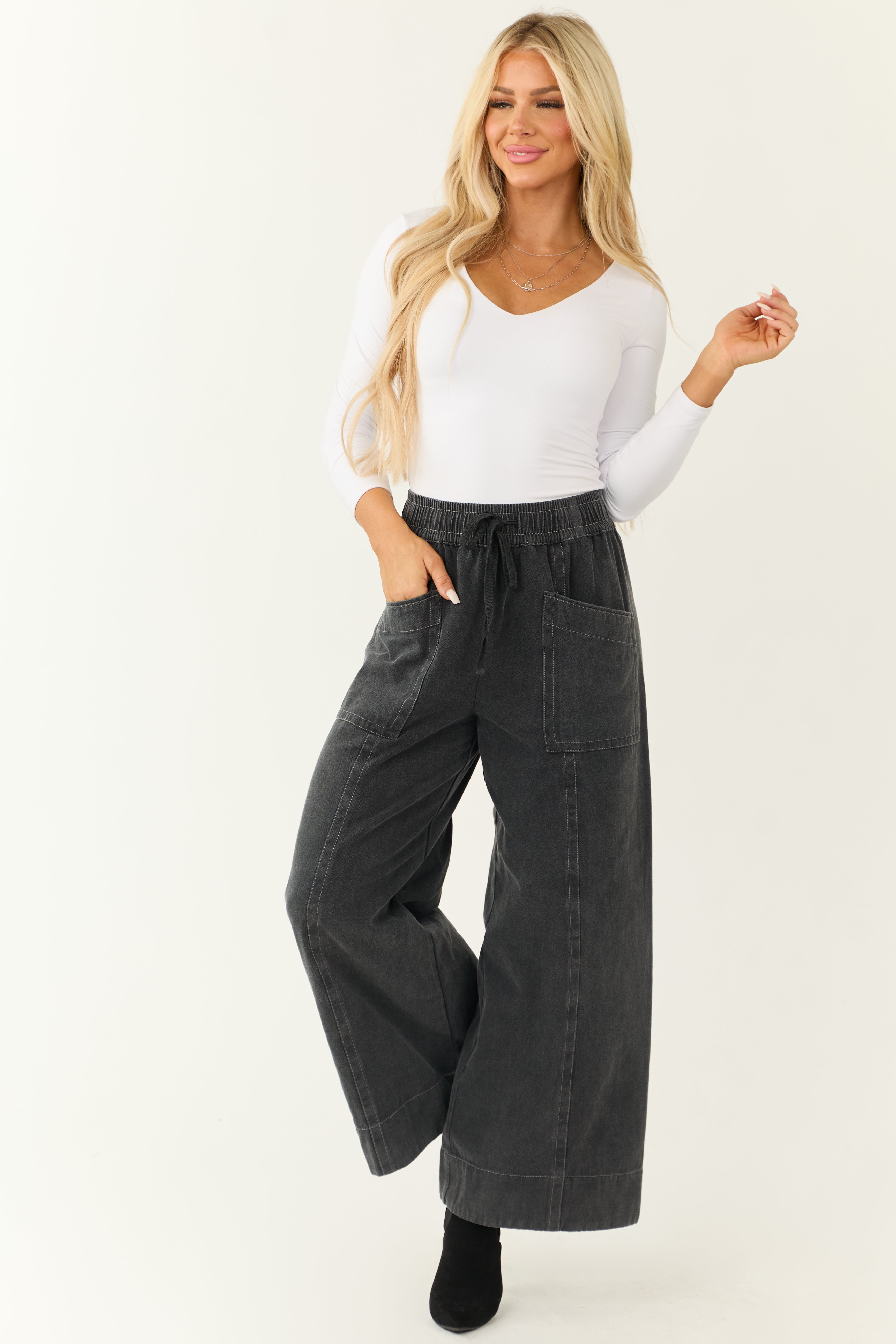 Charcoal Mineral Wash Elastic Waist Wide Leg Pants