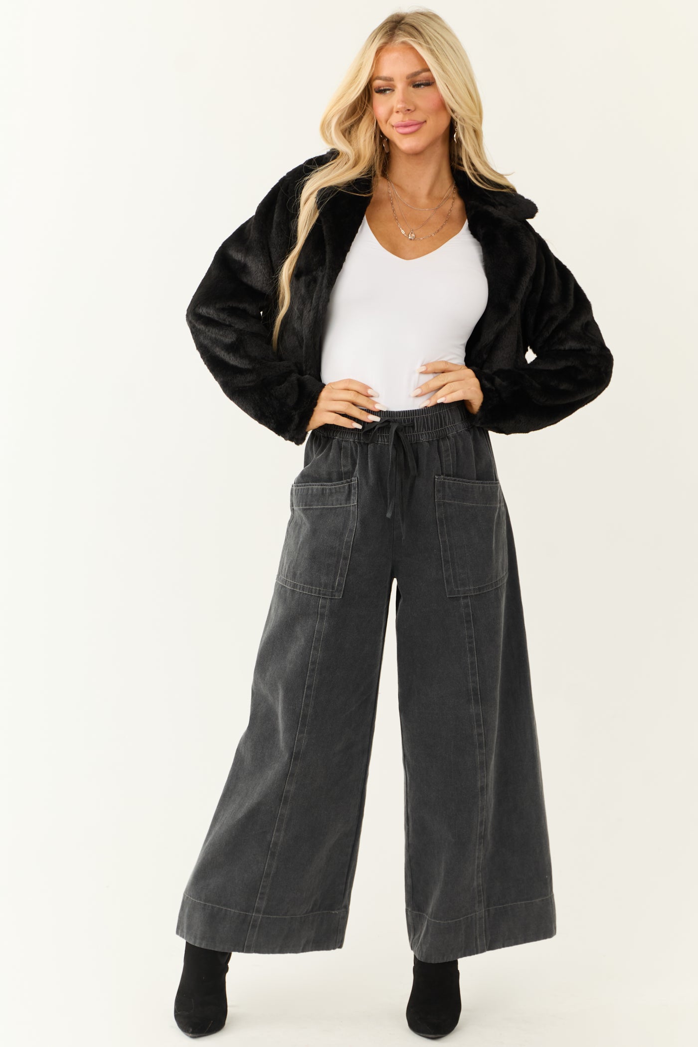 Charcoal Mineral Wash Elastic Waist Wide Leg Pants