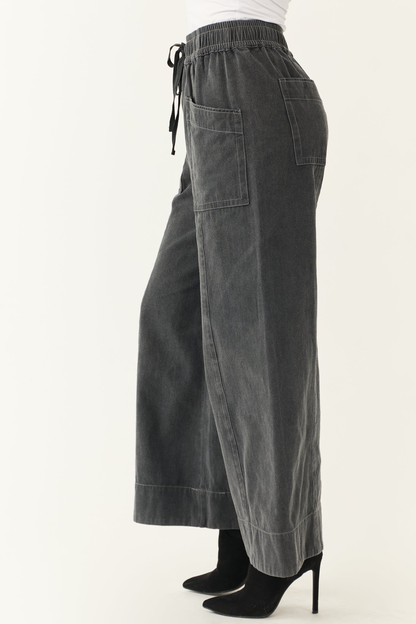 Charcoal Mineral Wash Elastic Waist Wide Leg Pants