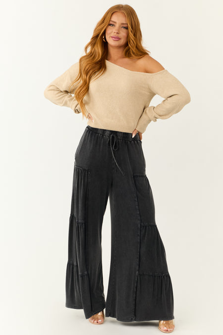 Charcoal Mineral Wash Tiered Wide Leg Pants