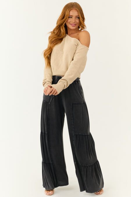 Charcoal Mineral Wash Tiered Wide Leg Pants