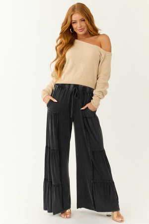 Charcoal Mineral Wash Tiered Wide Leg Pants