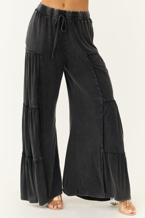 Charcoal Mineral Wash Tiered Wide Leg Pants